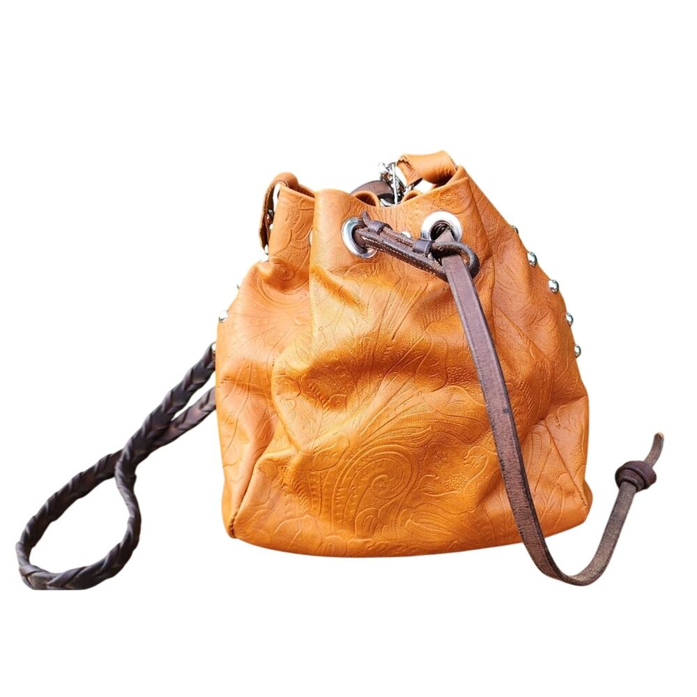 NEW JS Collection Drawstring Handbag Floral Embossed Camel & Brown Soft Leather